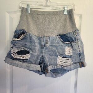 SHEIN Gray and Blue Distressed Maternity Jean Shorts Size S Euc